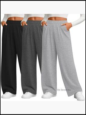 Plus Size Wide Leg Lounge Pants with Pockets 3 Pack